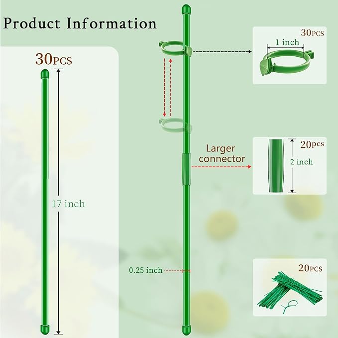 30Pcs Plant Support Stakes 17 inch SupKing Garden Orchid Sticks, Extendable to 3ft 4ft 5ft Plant Poles with Clips for Indoor Outdoor Potted Tomatoes, Roses, Amaryllis, Vegetables, Comes with 20 Ties