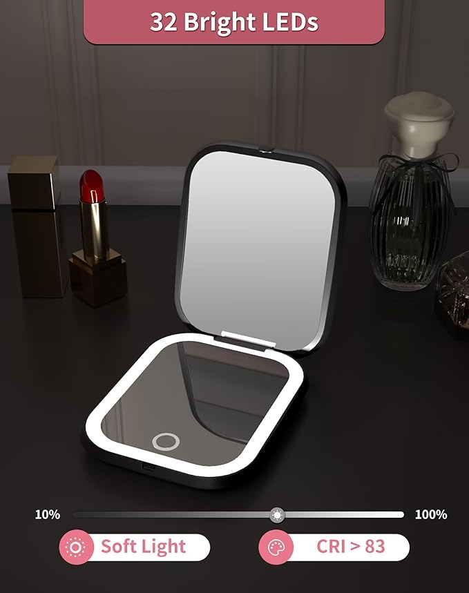 WOBSION Rechargeable 5X Magnification LED Travel Makeup Mirror,Dimmable Portable Compact Mirror for Pocket,Purses and Handbag,Gift,Black