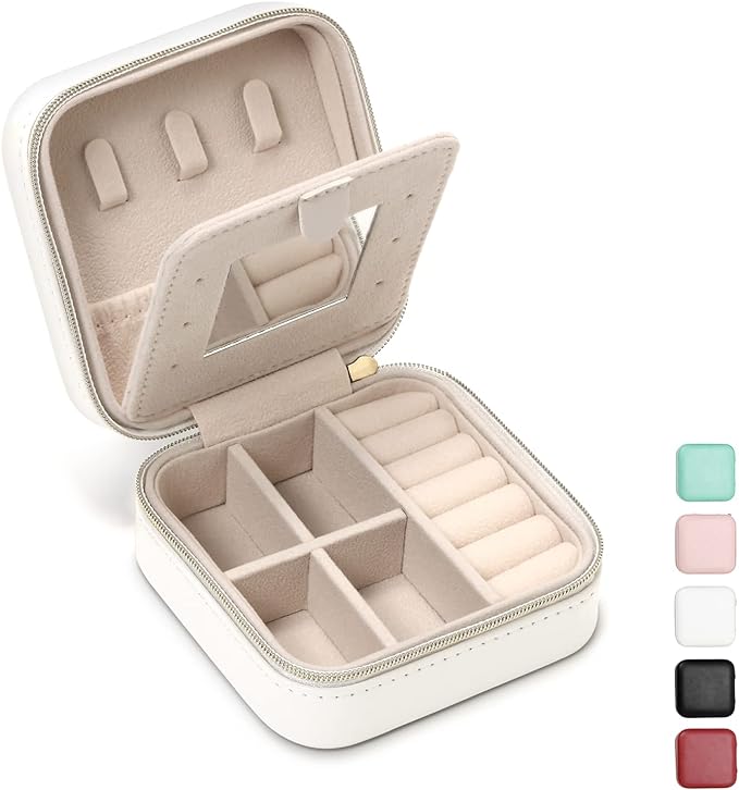 Jewelry Case with Mirror, Small Travel Jewelry Organizer, Portable Mini Storage Box for Rings, Earrings, Necklaces, Gift for Mother Mom, Girl, Daughter, Sisters, Bridesmaids, Mother's Day Gift (White)