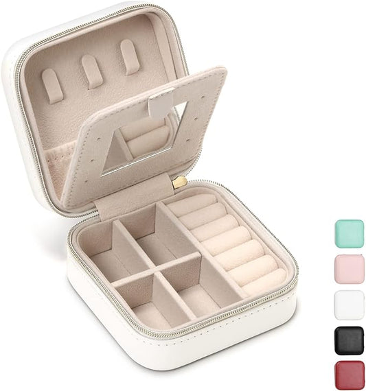 Jewelry Case with Mirror, Small Travel Jewelry Organizer, Portable Mini Storage Box for Rings, Earrings, Necklaces, Gift for Mother Mom, Girl, Daughter, Sisters, Bridesmaids, Mother's Day Gift (White)