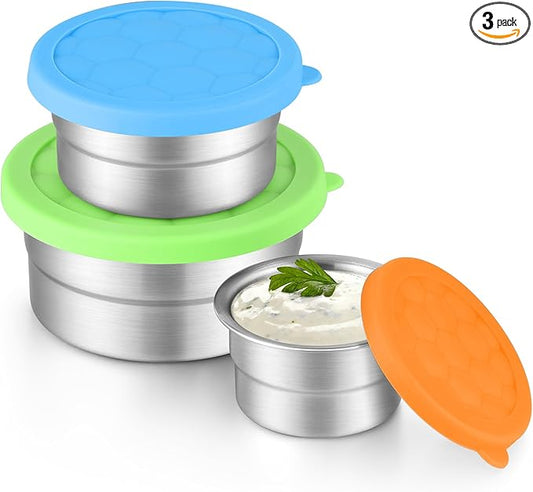 E-far Snack Containers with Lid Set of 3 (3, 6, 12.9oz), Stainless Steel Food Container for Kids Toddlers Adults, Round Metal Reusable Food Storage Box for Daycare School, Leak Proof & Stackable