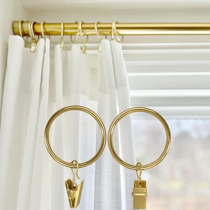 WeeksEight 40 Pack Gold Curtain Rings with Clips, Curtain Hooks Hangers Clip Rings for Hanging Drapes Bows Hat, Drapery Rings 1.5 in I D, Fits up to 1.2 in Diameter Curtain Rod.