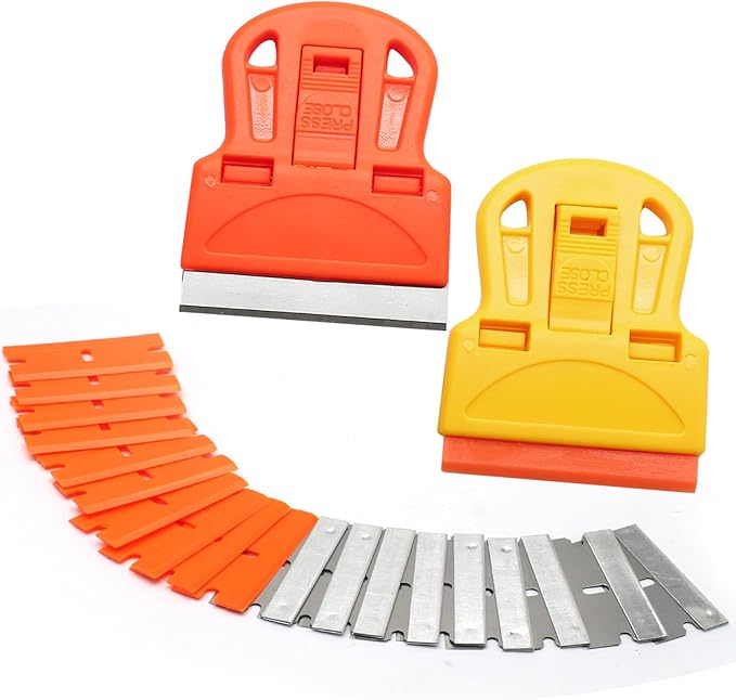 2 Sets Razor Blade Scrapers, Plastic Scraper Tool Extra 10 Plastic Razor Blades and 10 Metal Blades, Adhesive Remover Scraper for Glass Windows Sticker Removal