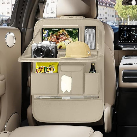 GMQ Back Seat Car Organizer 1 Pack,Backseat Organizer with Tray,Multifunctional Car Seat Back Storage Box with Foldable Tablet Holder (Beige, Plain weave)