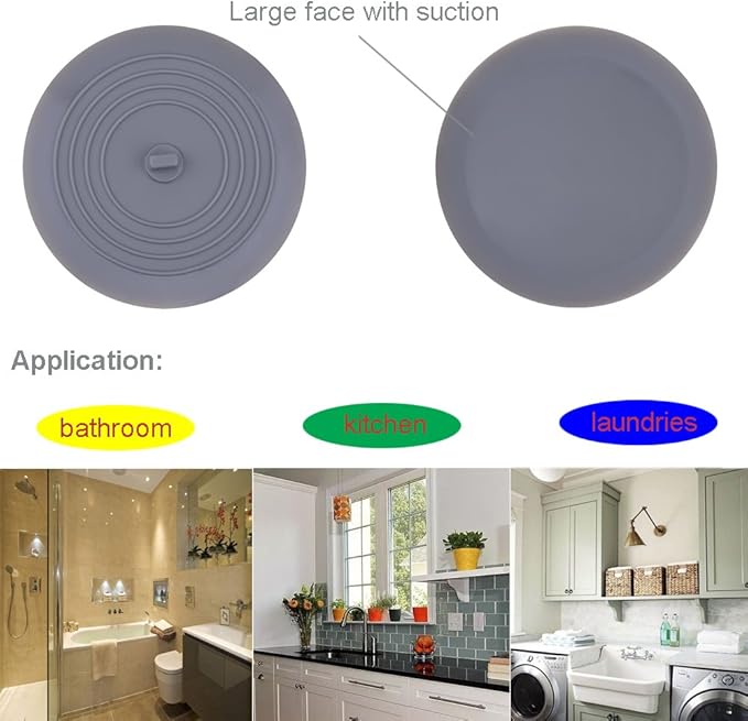 V-TOP Tub Stopper 2 Pack, 6 inches Large Silicone Drain Plug Hair Stopper Flat Suction Cover for Kitchen Gadgets Bathroom Accessories and Laundry