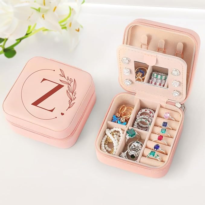 SANDJEST Personalized Jewelry Box, Pink Small Travel Jewelry Box with Initial Z, Monogrammed Jewelry Case Organizer for Girls Women Teen, Mini Travel Essentials Gifts for Christmas Birthday