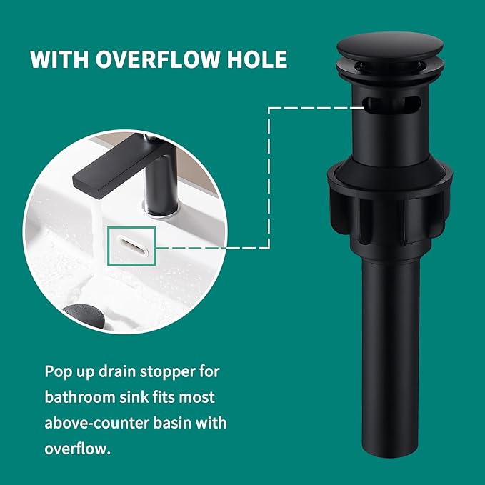 SevenGelok Black Sink Drain with Overflow Pop Up Sink Drain Stopper for Sink Faucet Vessel Vanity Bathroom Sink Drain Strainer with Hair Catcher Anti-Clog Strainer Matte Black, SD30-BK