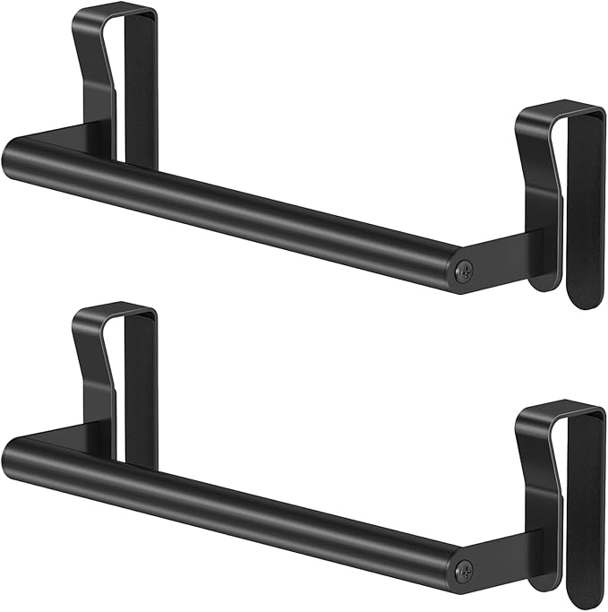 Over Cabinet Towel Holder, 2 Pack Over The Cabinet Doors Towel Rack Bars for Kitchen, Stainless Steel Dish Towel Holder (Black)