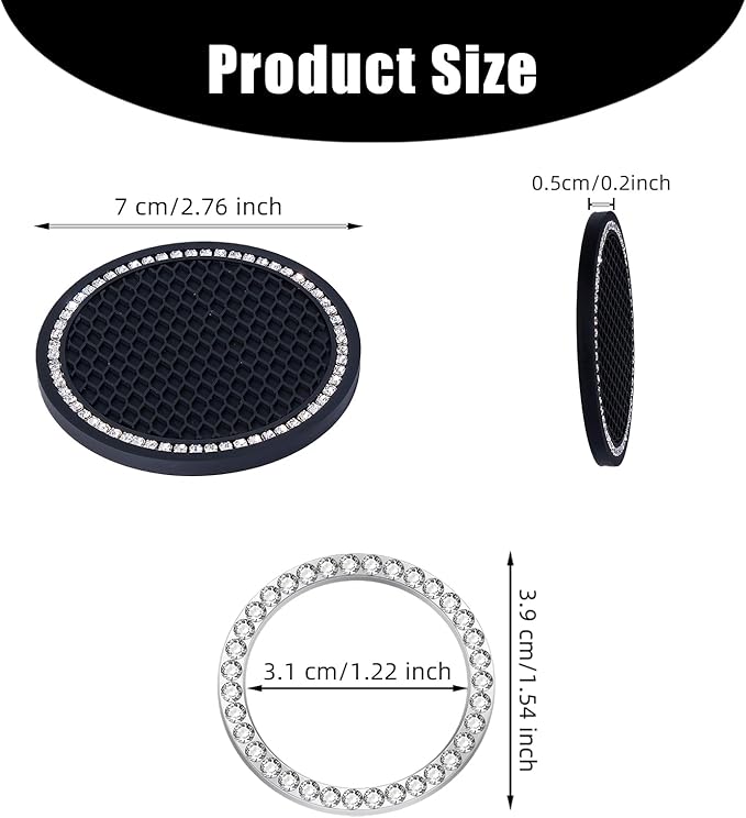 Bling Car Cup Holder Coaster, Anti-Slip Rhinestone Cup Holder Insert (4 Pack) with Push Start Button Cover Button Ring (2 Pack), Shiny Diamond Car Interior Accessories for Women (Black)