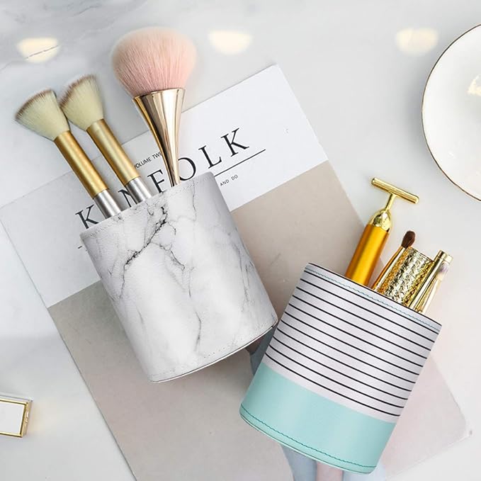 WAVEYU Pen Holder, Cup for Desk Marble Pattern Pencil Holder for Adults Kids Luxury Leather Desk Organizer Makeup Brush Holder for Office, Classroom, Home, Marble
