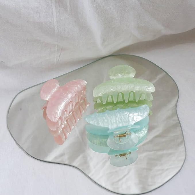 4Pcs Large Acrylic Hair Claw Clips - Hair Clips with Strong Hold for Thick Hair, Non-slip Banana Barrettes for Women Girls (Shell: light green/white/pink/blue)