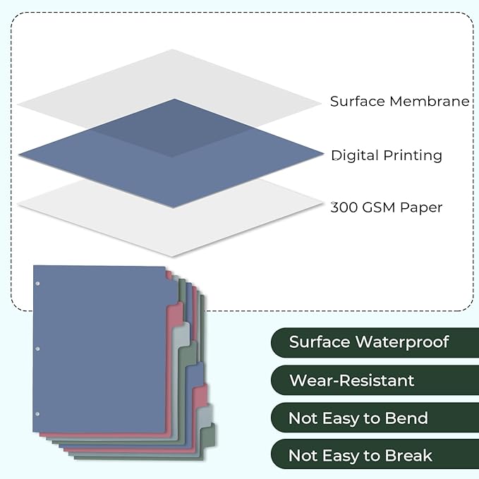 Y YOMA Colored 3 Ring Binder Dividers with Tabs Letter Size Paper Binder Tabs Page Dividers Cute Decorative Binder Index Dividers for Office School Home with 1/8-Cut Tabs, Classic Color(8 Sheet)