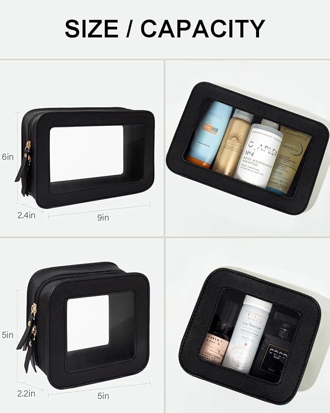 2 Pcs Travel Clear Makeup Bag Set, Clear Black Makeup Organizer with Zipper Leather Travel Bags for Toiletries Small Cosmetic Bags for Women Mini Make up Pouch Toiletry Bags Car Essentials
