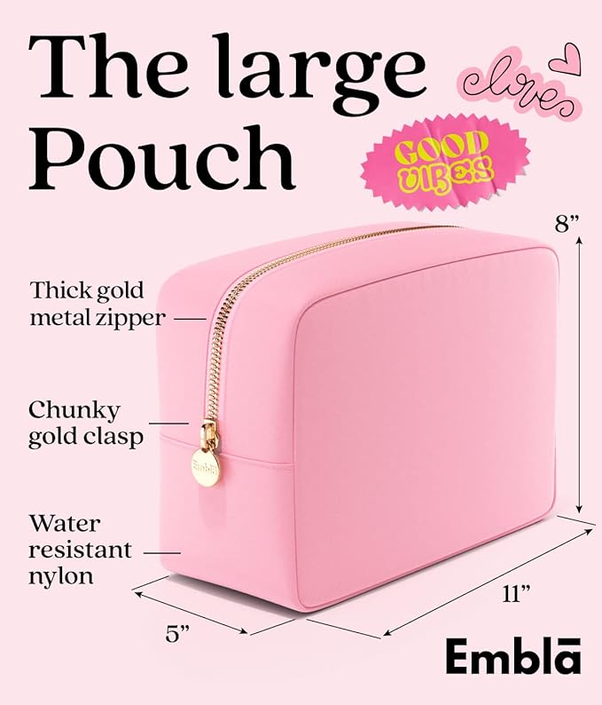 Embla Makeup Bag Travel Cosmetics Pouch and Toiletry Bag, Nylon Zipper Pouch Purse, Cute Make Up Organizer Storage Tote for Women Girls, Travel Skincare Case, Large Makeup Bags, Flamingo Pink