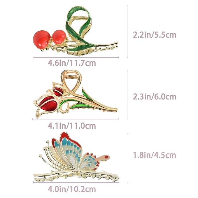 3-Piece Flower Metal Hair Clips, Tulip Floral Hair Claw for Thin/Medium Thick Hair, Elegant Butterfly Barrettes Strong Hold Clamps Non-Slip Cute Cherry Claws Accessories