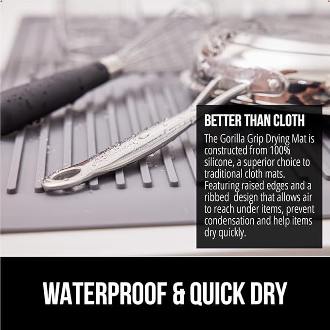 GORILLA GRIP 100% BPA-Free Patented Silicone Dish Drying Mat for Kitchen Counter, Water Catching Ribbed Design, Easy Clean Waterproof Sink Liner, Heat Resistant, Fits Under Rack, 11x13 Inch, Gray