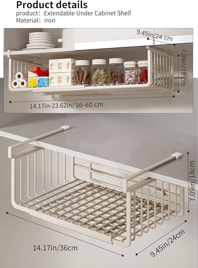 Extendable Under Shelf Storage Basket, Hanging Baskets Under Cabinet Shelf Organizer, for Cabinet Pantry Kitchen Cupboard Desk Counter Bookshelf Organization Space Saver Heavy Duty Slide-in