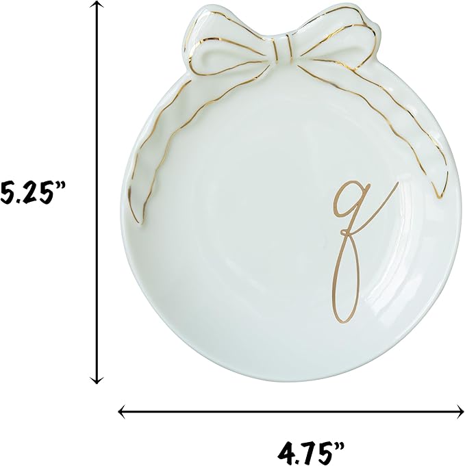 COLLECTIVE HOME - Personalized Initial Ceramic Jewelry Tray with Bow, Christmas Gift Ideas for Women, Small Gift for Girlfriend Wife, Ring Holder, Earrings Dish, Birthday Gift for Her (Q)
