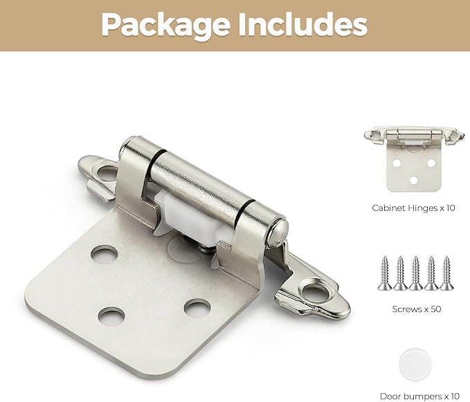 10 Pack 5 Pair Brushed Nickel Cabinet Hinges - 1/2 Inch Overlay Semi-Concealed Self Closing Hinges With Door Bumper - Silver Face Mount Kitchen Hardware