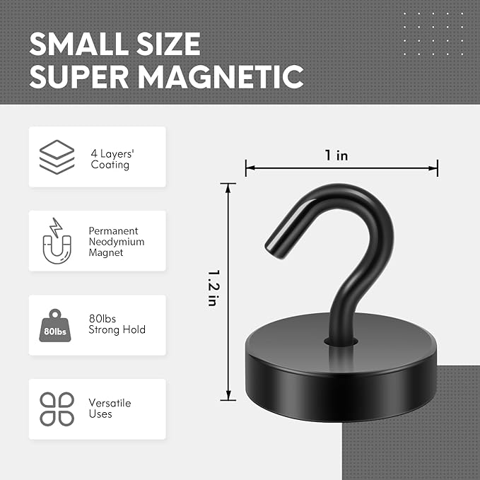 Neosmuk Magnetic Hooks, Cruise Ship Essentials, 80lb+ Heavy Duty Magnetic Hooks for Cruise Cabins, Refrigerator, Grill, Hanging, and Travel | Extra Strong Must-Have Magnet Hook, Black