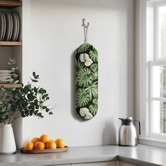 Green Leaves Plastic Bag Holder, Wall Mount Plastic Bags Organizer for Car Trash, Tropical Home Kitchen Decor, Reusable Grocery Bag Organizer, Kitchen Pattern Garbage Bags 52