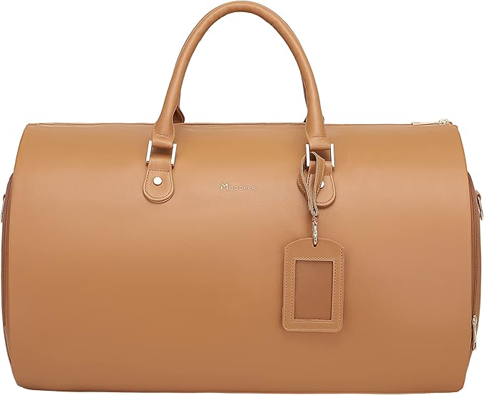 Modoker Women Convertible Leather Garment Bag with Shoulder Strap, PU Leather Garment Duffel Bag Carry on 2 in 1 Hanging Suitcase Suit Travel Bags, Coffee