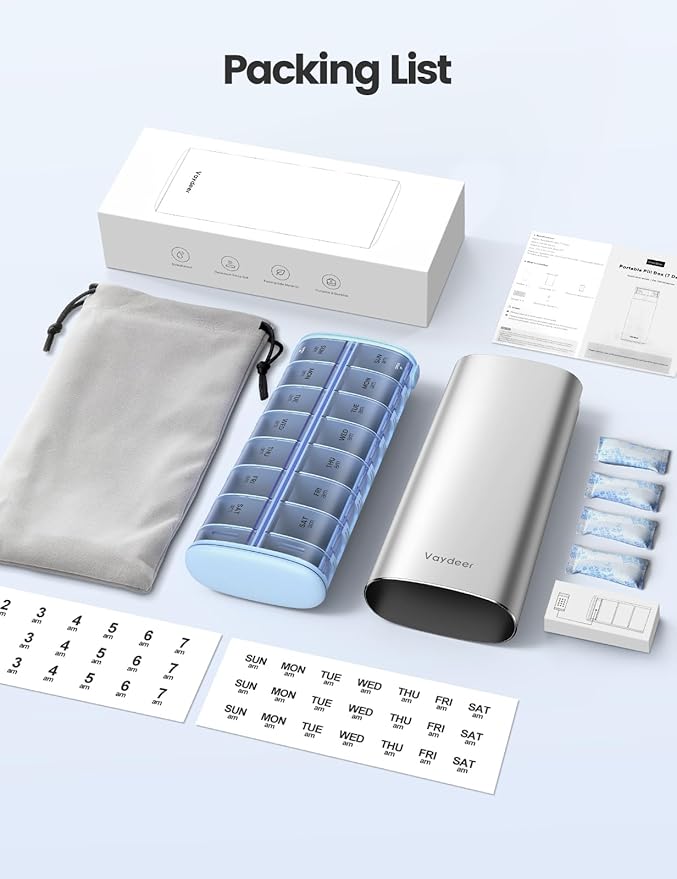 Vaydeer 7 Day Weekly Pill Organizer 2 Times a Day, Metal Am Pm Travel Pill Case, Large Capacity Twice Daily Cute Pill Box for Supplements, Pills, Vitamins and Medication (Gunmetal)