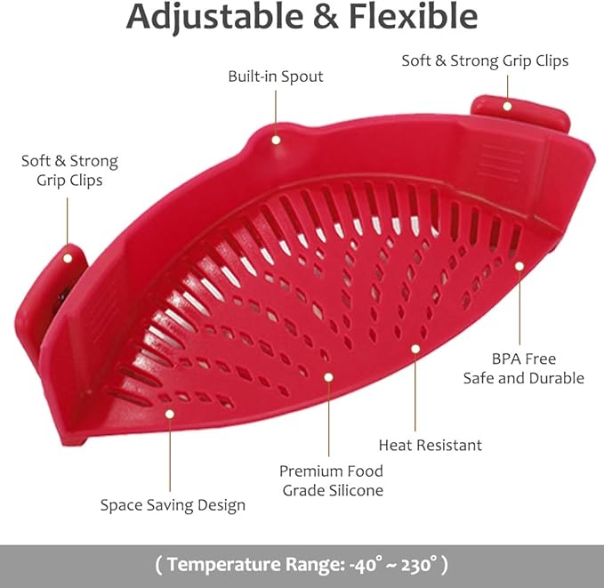 YEVIOR Clip on Strainer for Pots Pan Pasta,Silicone Food Strainer Hands-Free Pan Strainer, Clip-on Kitchen Food Strainer for Spaghetti, Pasta, Ground Beef Fits All Bowls and Pots (Red)