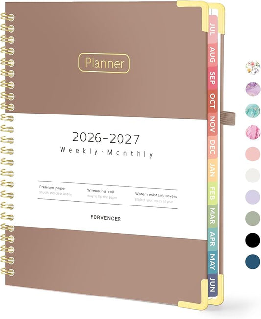 Forvencer Academic Planner 2026-2027, Hardcover Calendar Planner Weekly & Monthly, July 2026 - June 2027, 6" x 8", Daily Agenda with Tabs, College School Organizer for Student Teacher, Brown