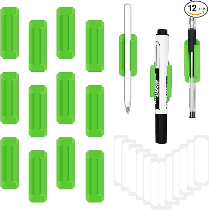12 Pack Pen Holder for Desk, Silicone Pencil Holder with 12 Extra Adhesive Stickers, Adhesive Pen Holder & Marker Clip for Classroom Office Desk or Any Surface, Teacher Accessories Supplies (Green)