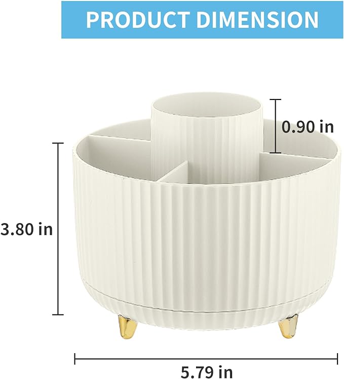 Marbrasse Desk Organizer, 360-Degree Rotating Pen Holder, 5-Compartment Pencil Organizer, Art Supply Storage Box Caddy for Office and Home (Ivory)