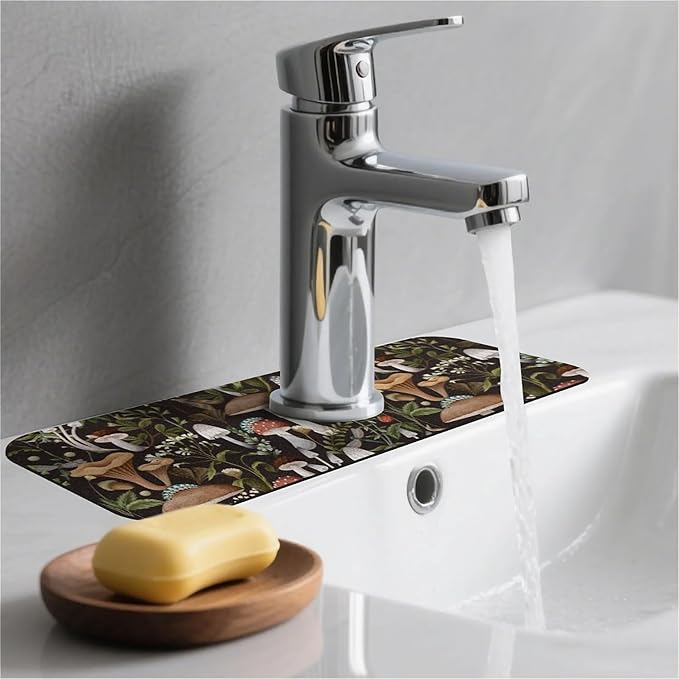 Kitchen Sink Splash Guard, Bobo Mushrooms Faucet Mat Sink Gadgets - Super Absorbent Fast Drying Mat Drip Catcher for Kitchen, Bathroom, Sink Mat, Dish Drying Mat, Bathroom (15" X 5.5")