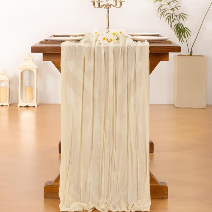 Socomi 10pcs Beige Summer Cheesecloth Table Runner Boho Rustic Gauze 120 inch 10FT Cheese Cloth Sheer Runner for Wedding Party Baby Shower Birthday Home Decor Holiday Decorations