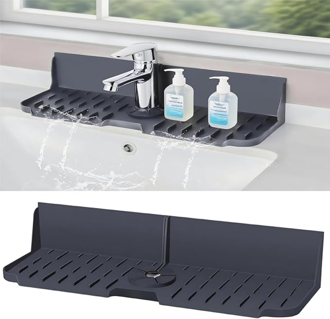 DAECHAO Sink Splash Guard Behind Faucet, Silicone Sink Faucet Drying Mat & Dish Soap Sponge Holder, 17" x 5.5" Silicone Kitchen Sink Auto Drain Organizer (Grey)