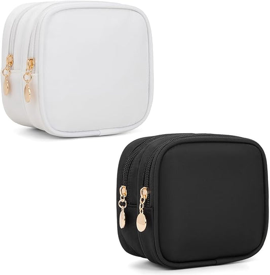 2PCS Small Makeup Pouch, Double Zipper Cosmetic Bag, Travel Makeup Bag, Cute Makeup Bag for Purse, Mini Toiletry Bag (Black+White)