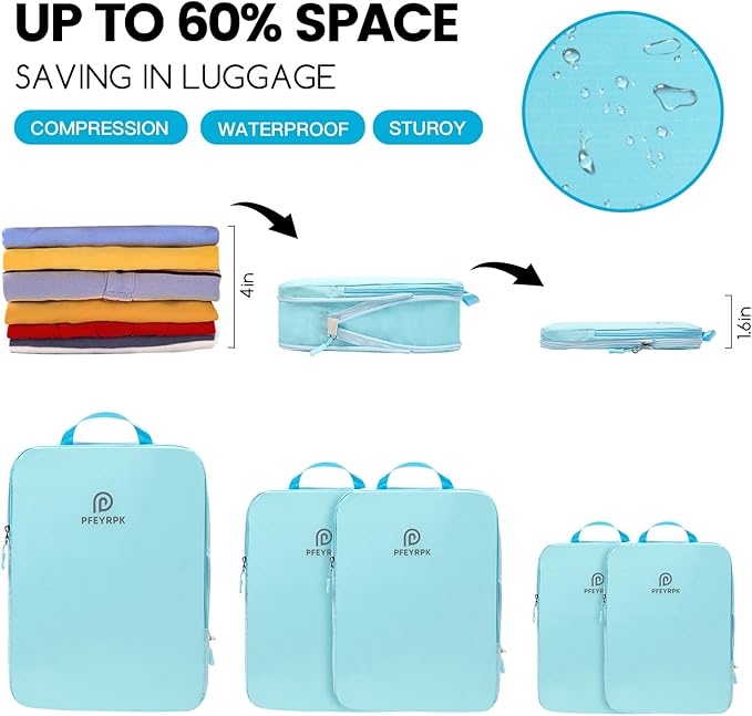 PFEYRPK Lightweight Compression Packing Cubes for Suitcases, Compressible Expandable Travel Packing Organizer with Clear Toiletry Bag and Backpack, 7 Set Travel Essentials for Carry-on Luggage