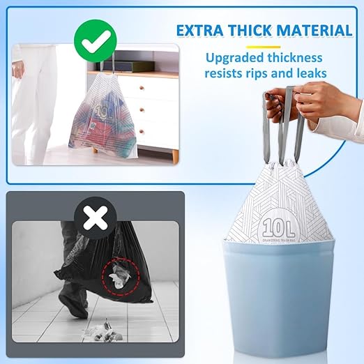 OKKEAI 2.6 Gallon Bathroom Small Trash Bags, White Drawstring Garbage Bags – 90 Count Tear-Free, Heavy Duty Printed Liners, Leak-Proof White Trash Bag for Kitchen, Office, Multipurpose Use