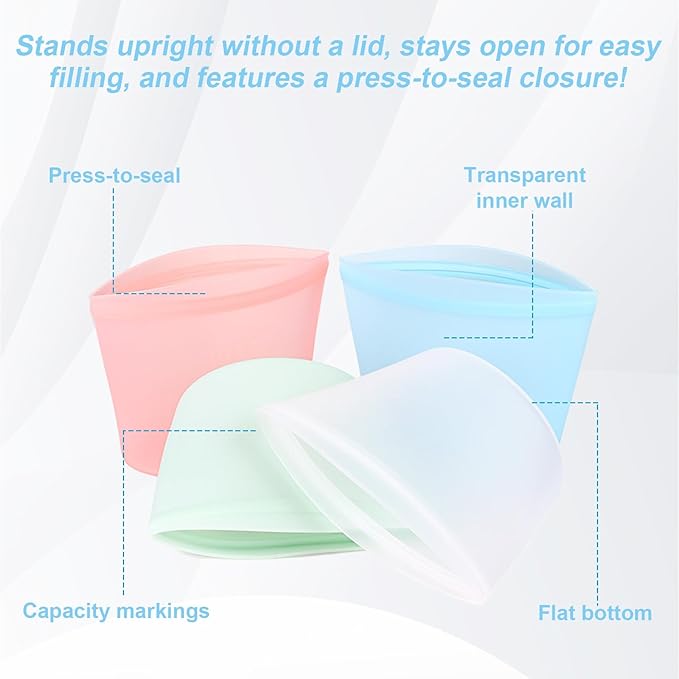 4-Pack Reusable Silicone Food Storage Bags, Stand-Up Pinch-Seal Design, BPA-Free, Microwave & Dishwasher Safe, Mixed Colors (17 oz)