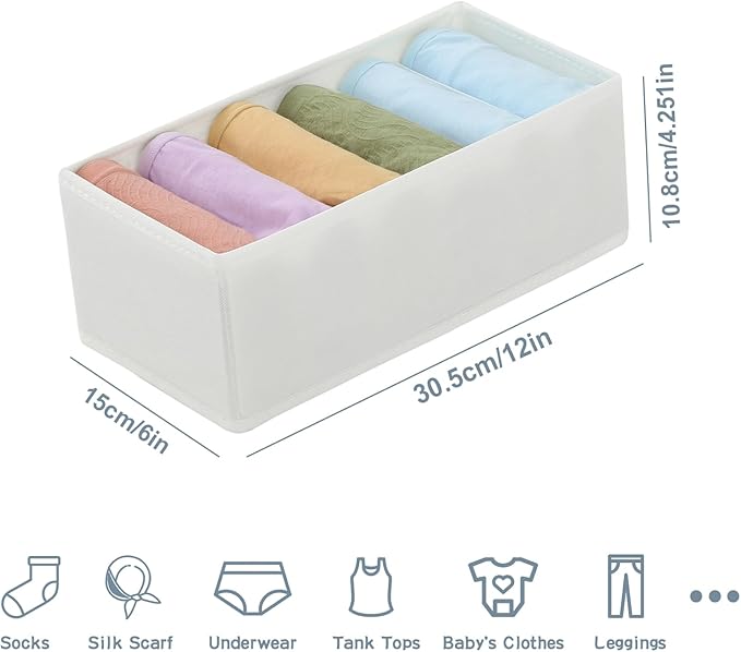 Qozary 3 Pack Sock Underwear Drawer Organizer Dividers, Non-Woven Fabric Collapsible Cabinet Closet Storage Boxes for Clothes, Socks, Lingerie, Underwear, Tie, Belt, Baby, Bedroom (White, 6 Cells)