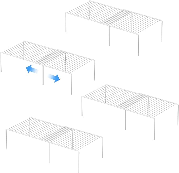 Kitchen Cabinet Expandable Shelf Organizers Set of 4, Adjustable Metal Wire Pantry Storage Shelves, Plate Dish Organizer Rack for Cabinets, Cupboard, Counter, Freezer, Countertop, White