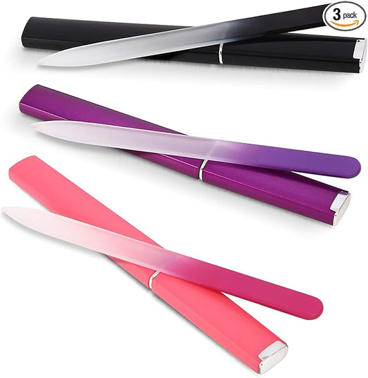 3 Pack Crystal Glass Fingernail File with Case for Natural Nail Professional Czech Glass File Double-Sided Etched Gentle Nail Care Stocking Stuffers for Women or Adults, Unique Gifts