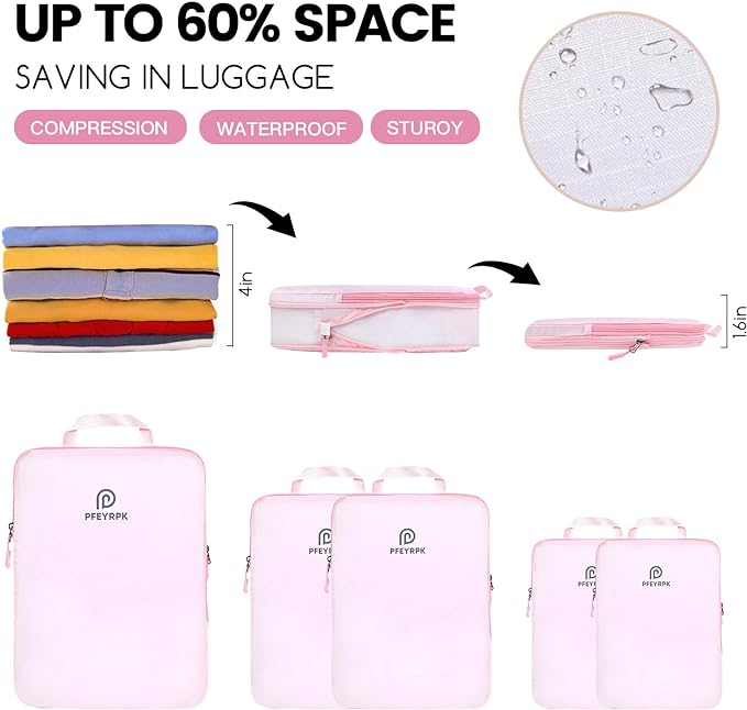 PFEYRPK Lightweight Compression Packing Cubes for Suitcases, Compressible Expandable Travel Packing Organizer with Clear Toiletries and Backpack Bag, Travel Essentials for Carry-on Luggage 7 Set