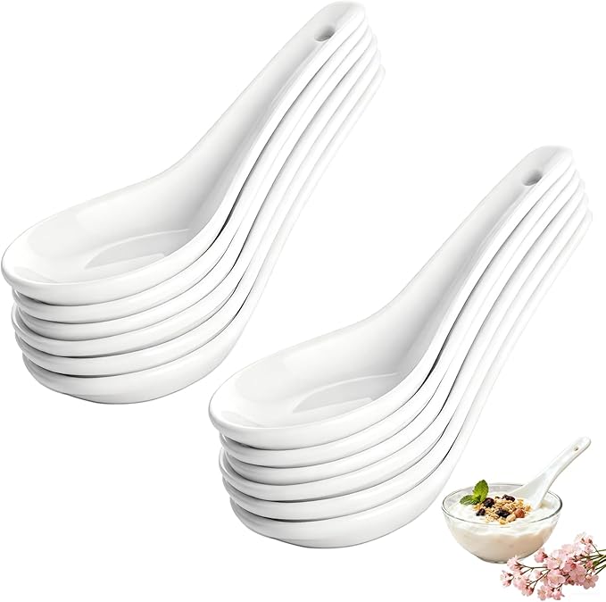 Soup Spoons Set of 12,Permium Ceramic Soup Spoons 5.3" Asian Ramen Spoons Proper for Pho Miso Wonton Ramen Dumpling Macaron Dishwasher & Oven Safe,chinese soup spoons
