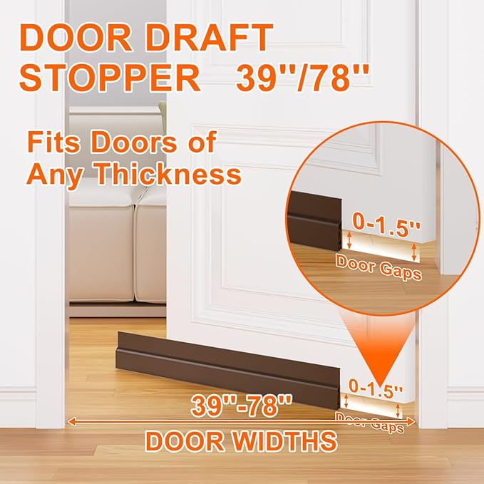 Door Draft Stopper for Bottom of Door, Adjustable Weather Stripping Door Seal for Cold Insulation, Under Door Sweep for Exterior & Interior Doors, Door Bottom Seal Blocker Noise (78inch,Brown)