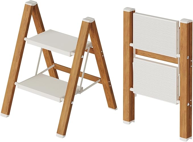 2-Step Aluminum Ladder,Lightweight Folding Step Stool with Extra-Wide Anti-Slip Steps,330 lbs Capacity,Compact Space-Saving Design for Home,Kitchen and Office（White&Woodgrain）
