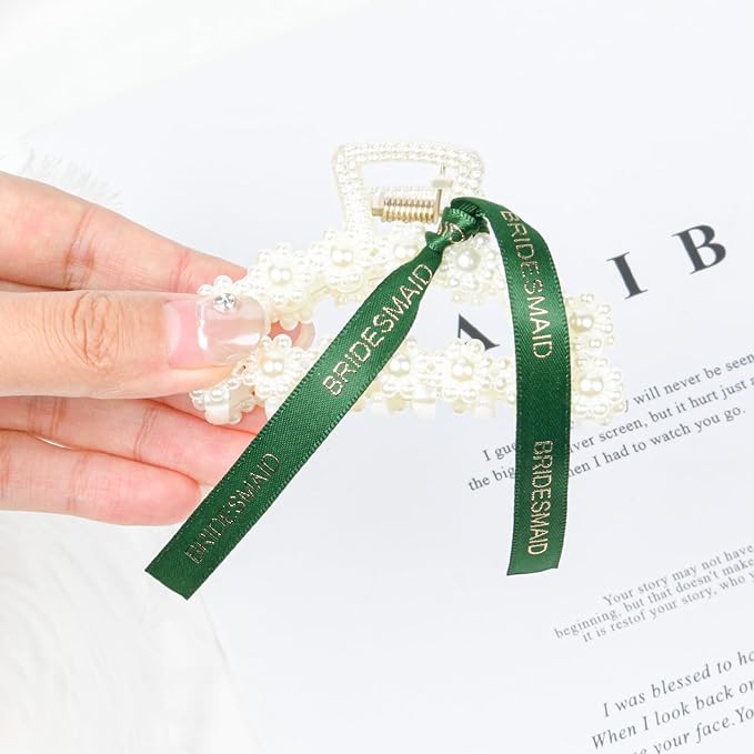 DEEKA Bridesmaid Proposal Gifts 8 Pack Pearl Bridesmaid Hair Claw Clips with Ribbon 3 Inch Hair Clips Bachelorette Party Favors Bridal Party Present Hair Accessories (Half Circle White&Dark Green)