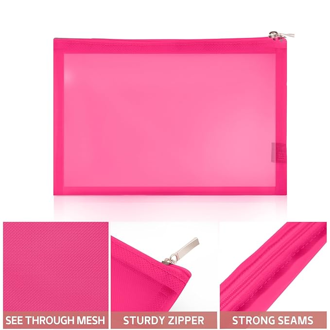 EASYFUN Mesh Pouch, Makeup Bag with Zipper, Cosmetic Organizer Pouch for Daily or Travel to Keep Small Items, 4 PCS Rose Red