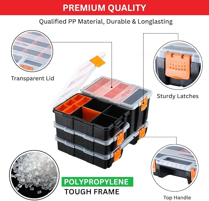Andalus Tools Organizer Box, Small Parts Storage Multi-Compartment Portable Hardware Organizer Removable Plastic Dividers for Screws, Nuts, Bolts, Nails – Orange (4 Set, 12.2" x 9.1" x 7")