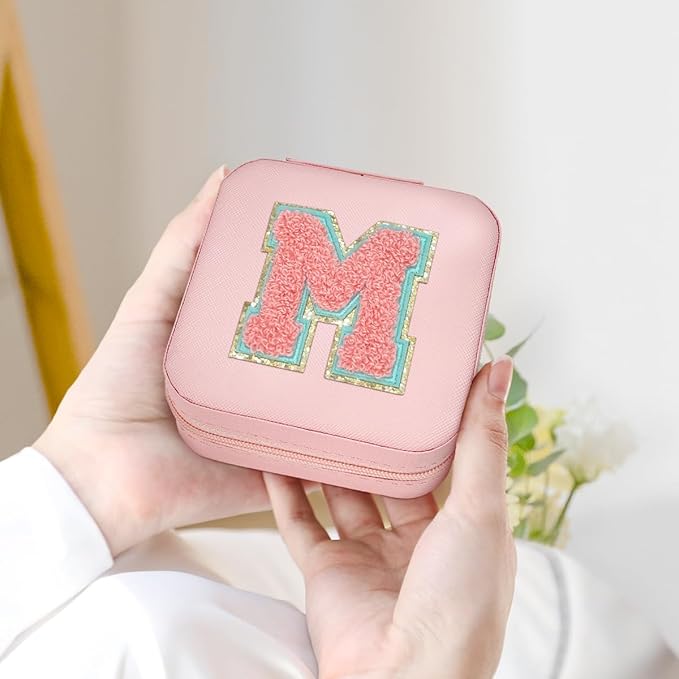 SANDJEST Personalized Jewelry Box, Pink Travel Jewelry Box with Initial M, Small Monogrammed Jewelry Case Organizer for Girls Women Teen Kids, Mini Travel Essentials Gifts for Birthday Christmas