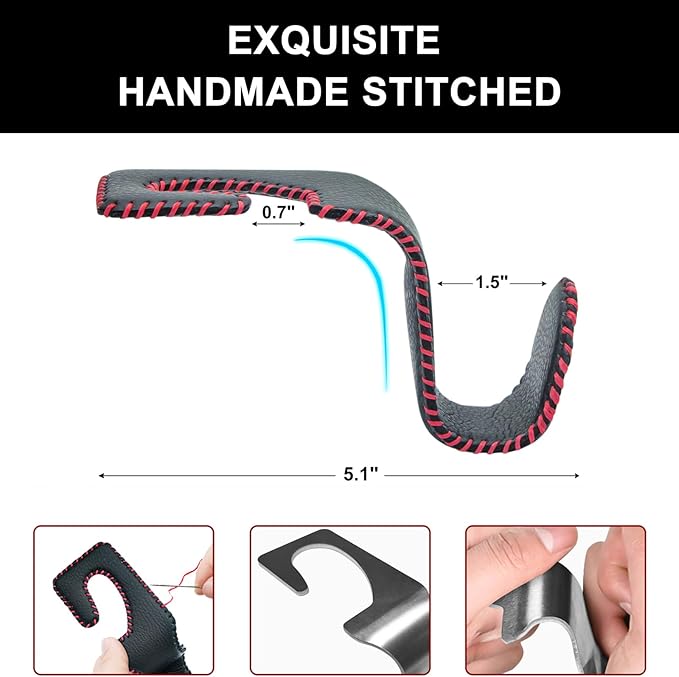 Car Seat Hooks for Purses and Bags, 4 Pack Car Purse Holder for Grocery Bag Handbag Clothes, Metal Headrest Hooks Covered by Leather, Black Red